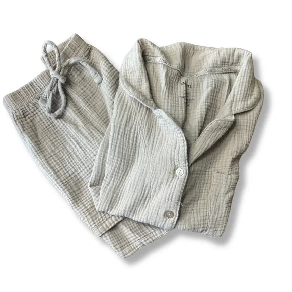 Børn XL Gauze Cotton Pajama Set Neutral Button Top & Shorts Lounge Set - Picture 2 of 5